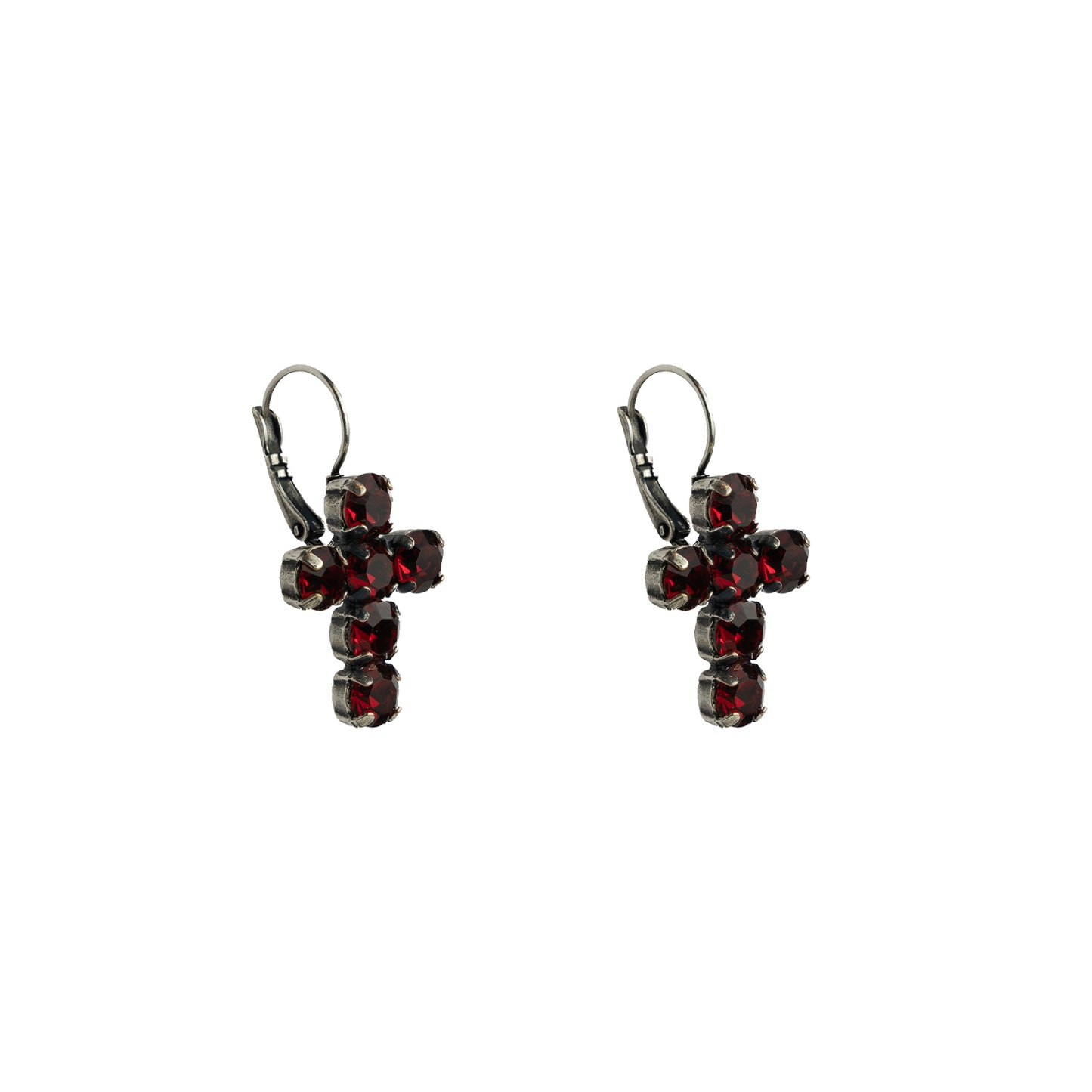 Crystal Cross Earrings - Ruby - Antique Silver