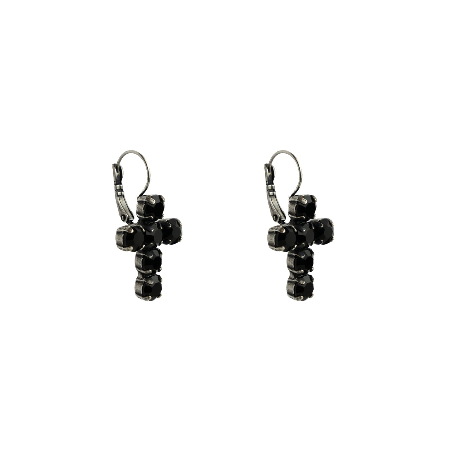 Crystal Cross Earrings - Jet - Antique Silver