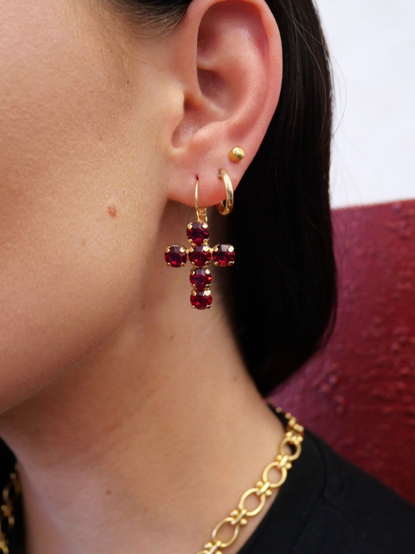 Crystal Cross Drops - Ruby - Soft Gold