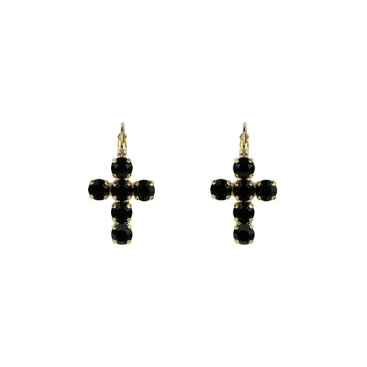 Crystal Cross Earrings - Jet - Soft Gold