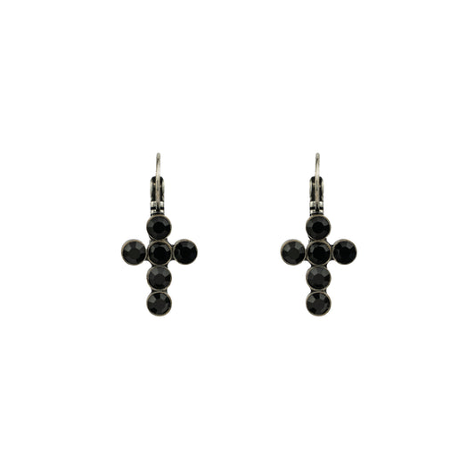 Crystal Mini Cross Drops - Jet - Antique Silver