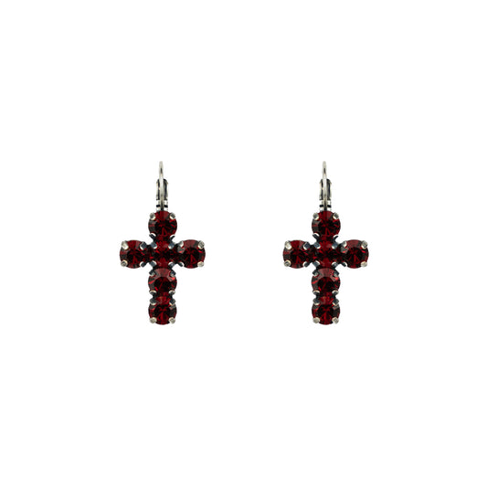 Crystal Cross Earrings - Ruby - Antique Silver