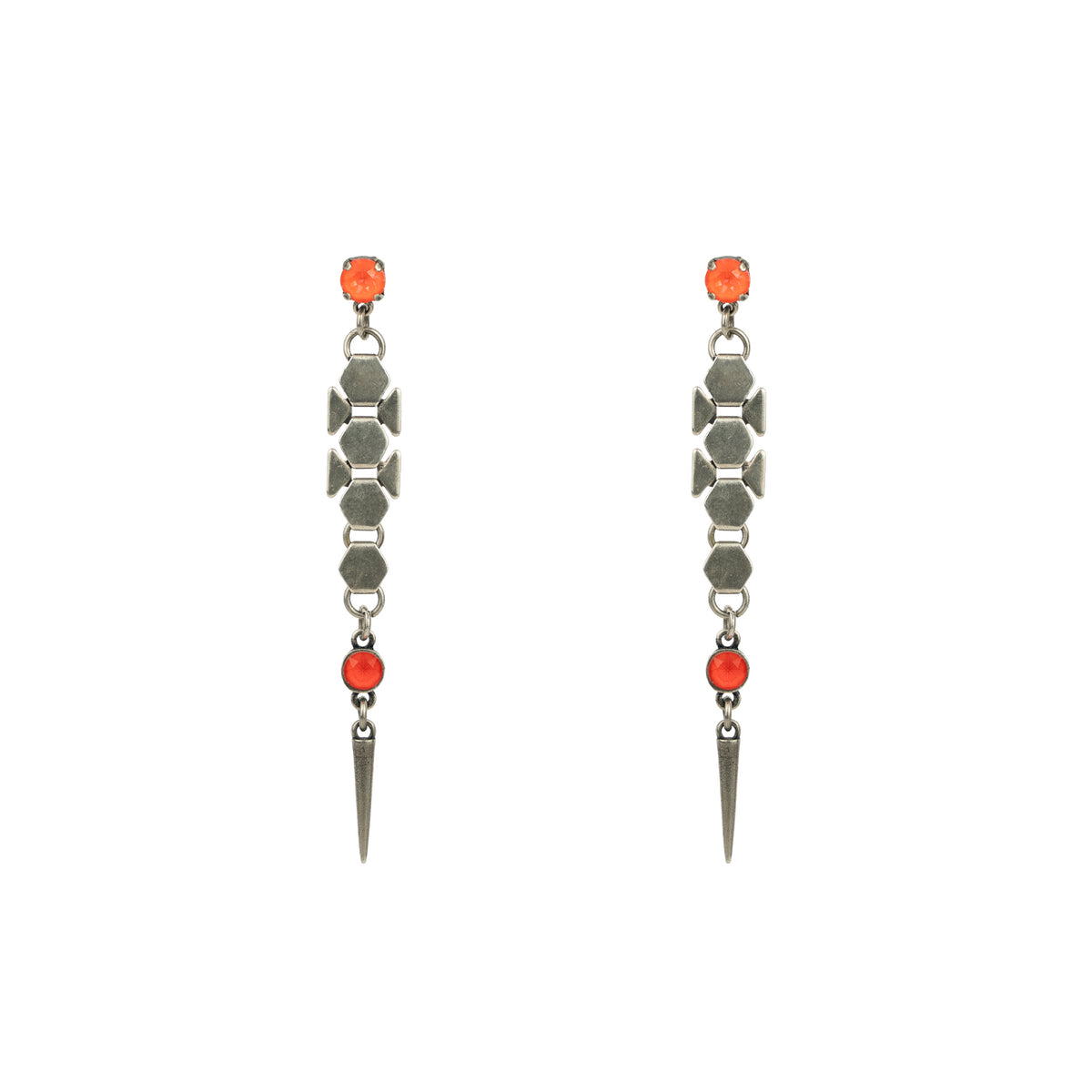 Dylan Spike Earrings – Electric Orange – Antique Silver