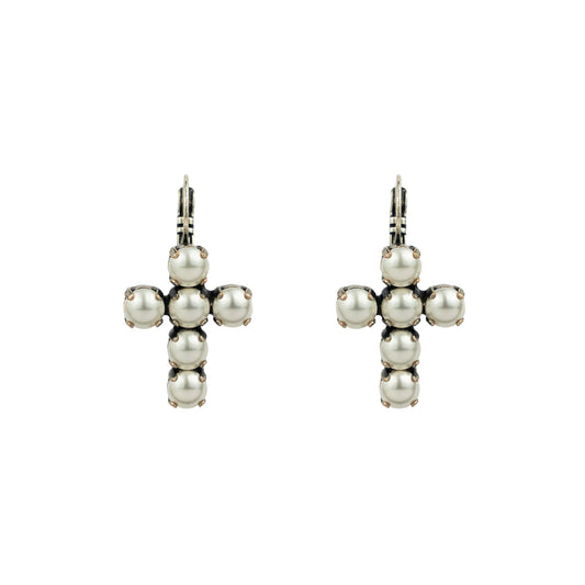 Crystal Cross Drops - Pearl - Antique Silver